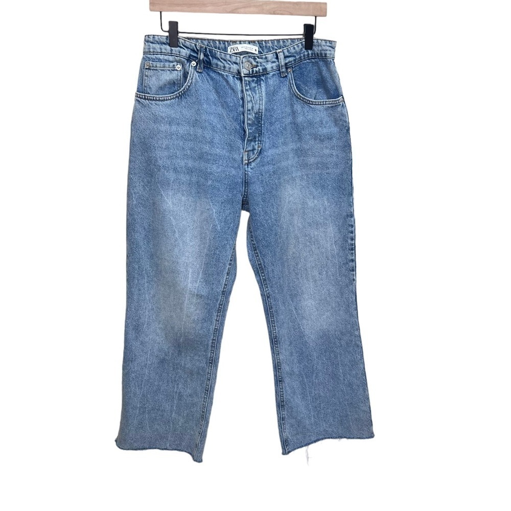 Zara Wide Leg High Rise Jeans Raw Hem Size 12